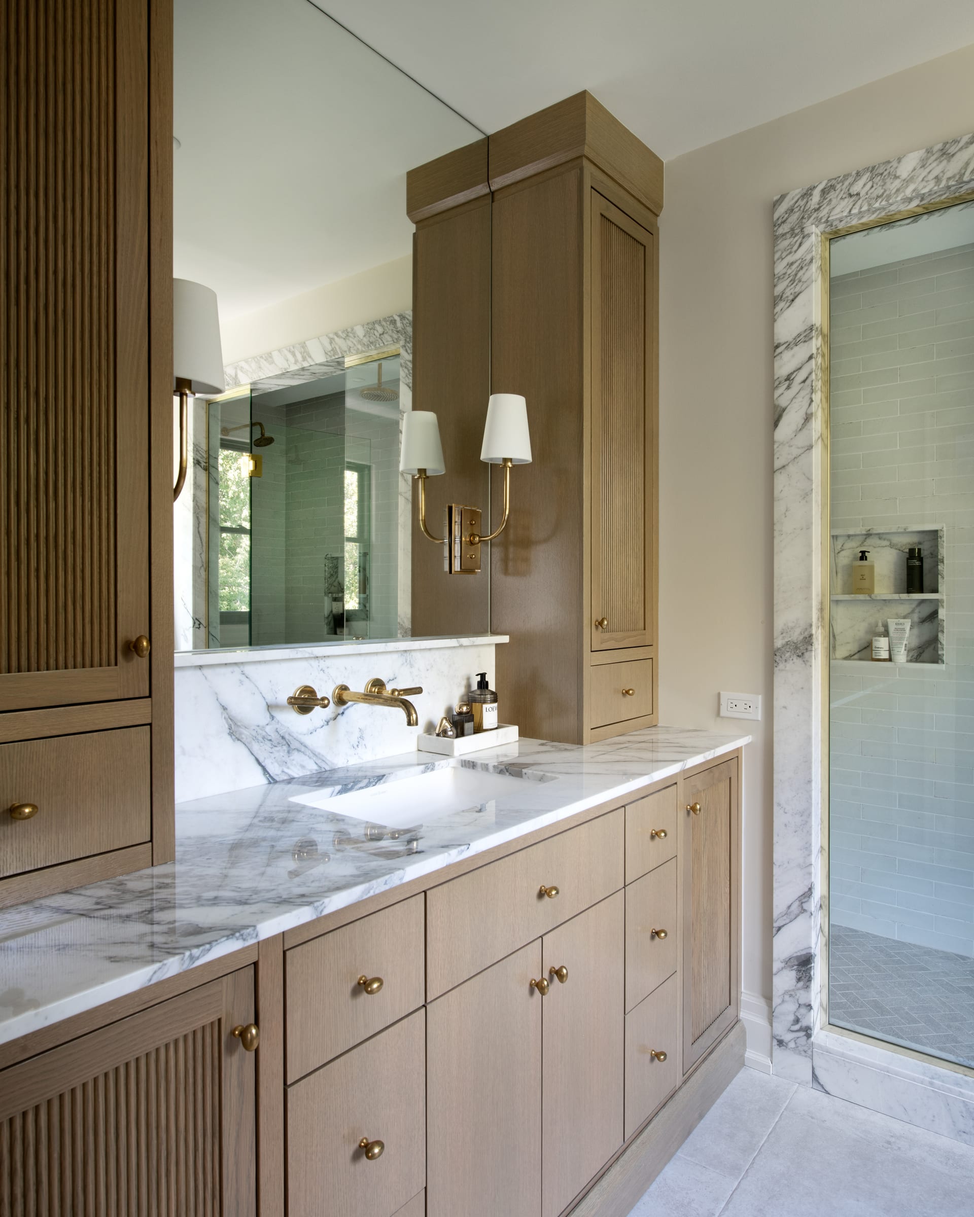 Built-in millwork meeting a wall in a lived-in interior