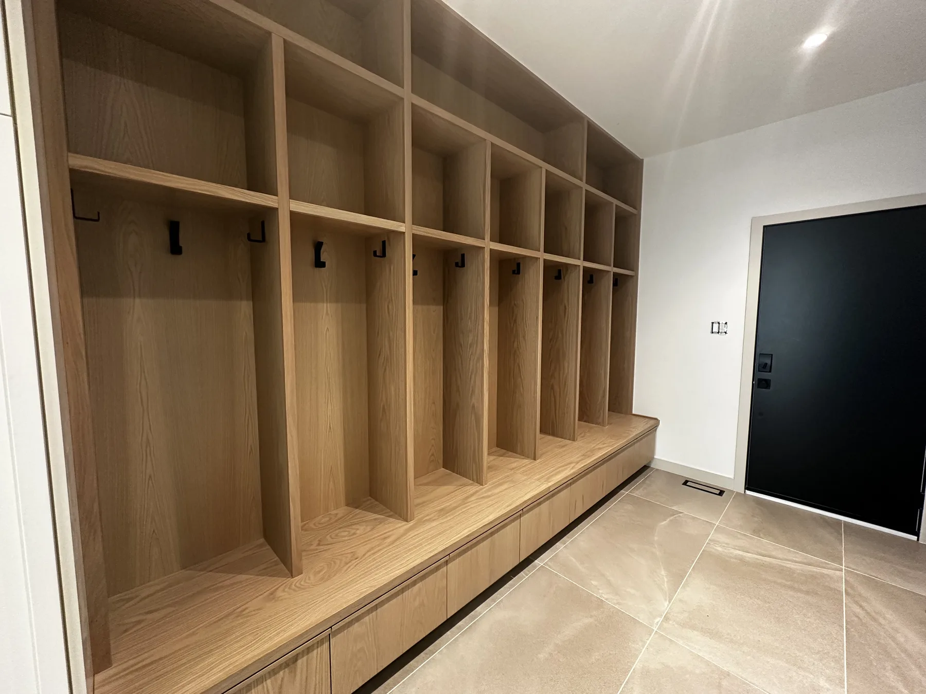 Full view of the O’Connor mudroom storage wall